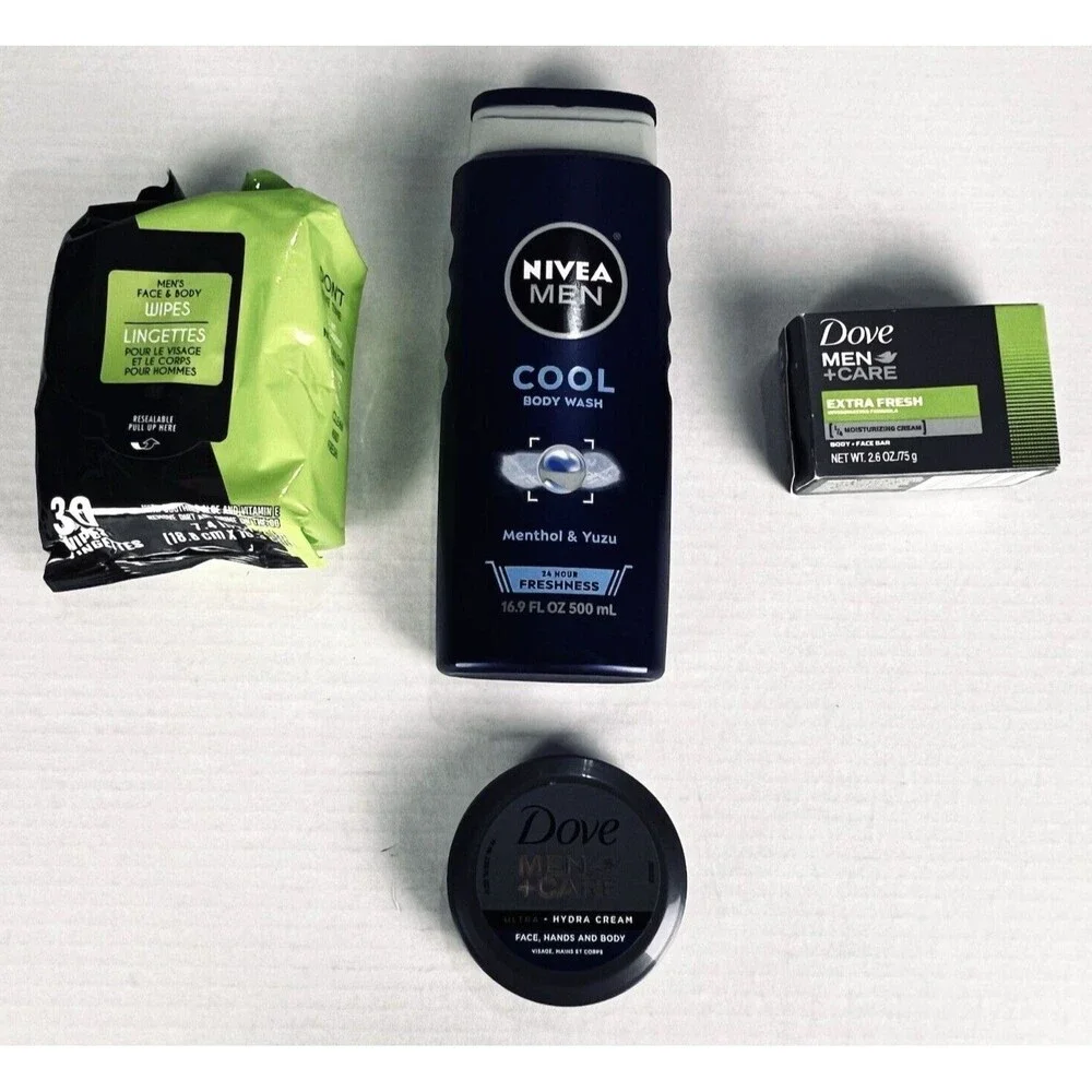 Dove Nivea Mens Grooming Set 4 Piece Body Wash Soap Wipes Travel Kit New